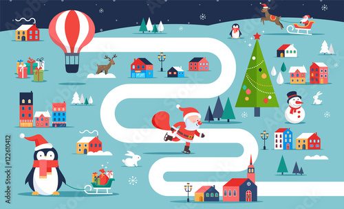Christmas village map, winter town, board game with illustrations, icons and characters. Merry Christmas background
