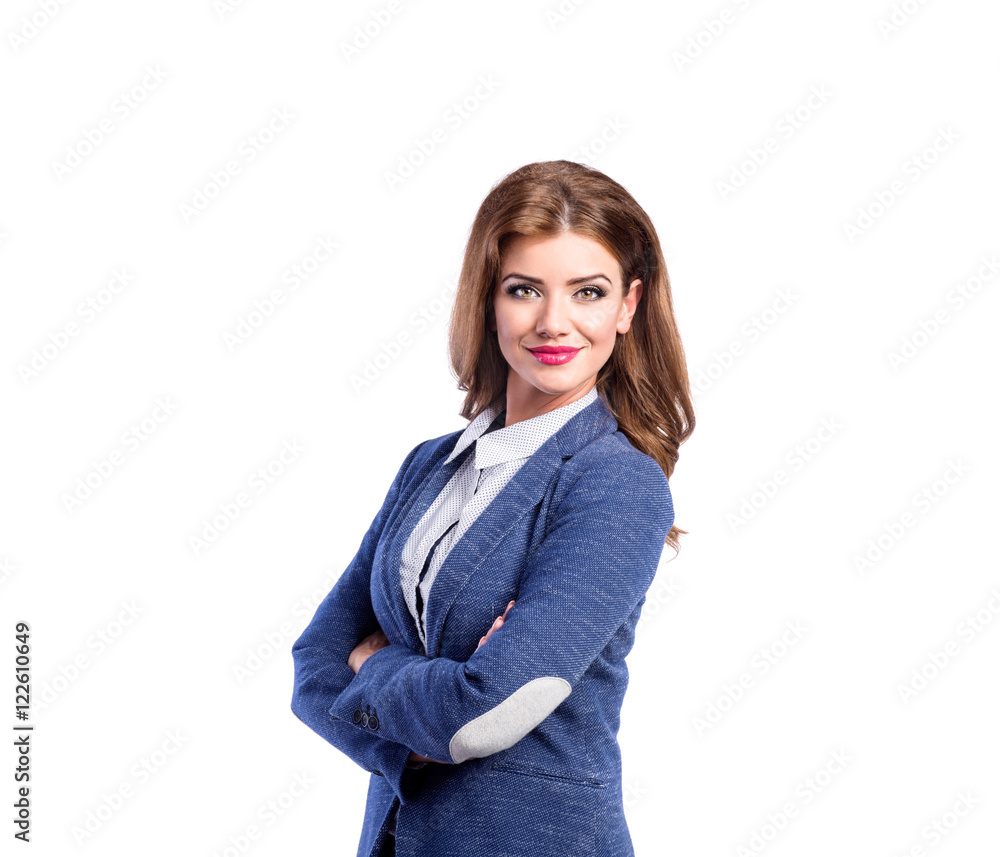 Woman in shirt and blue jacket, studio shot, isolated Woman in shirt and blue jacket, studio shot, isolated