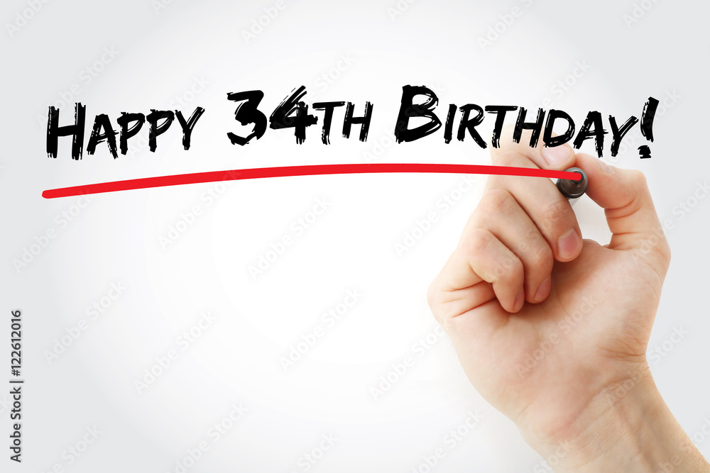 Hand writing Happy 34th birthday with marker, holiday concept background Hand writing Happy 34th birthday with marker, holiday concept background