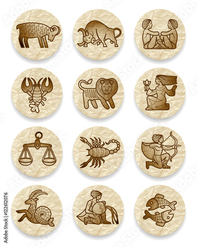 Set of icons with zodiac symbols on crumpled paper circles