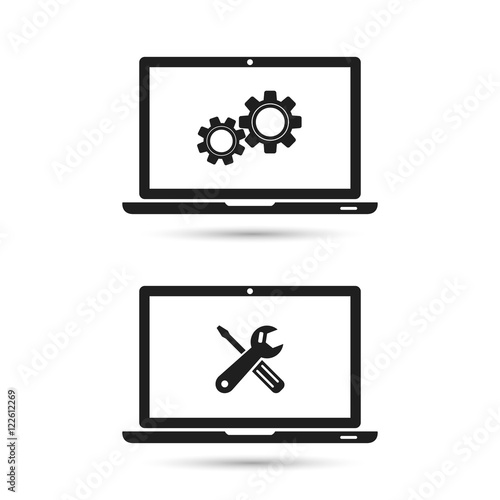 Laptop repair icon. Computer repairing logo set. Technical support, computer repair service. Vector isolated illustration.
