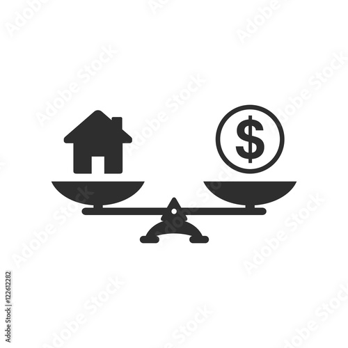 Dollar and house scales icon. Money and house balance on scale. Real estate sale. Weights with house and money coin. Vector isolated sign.