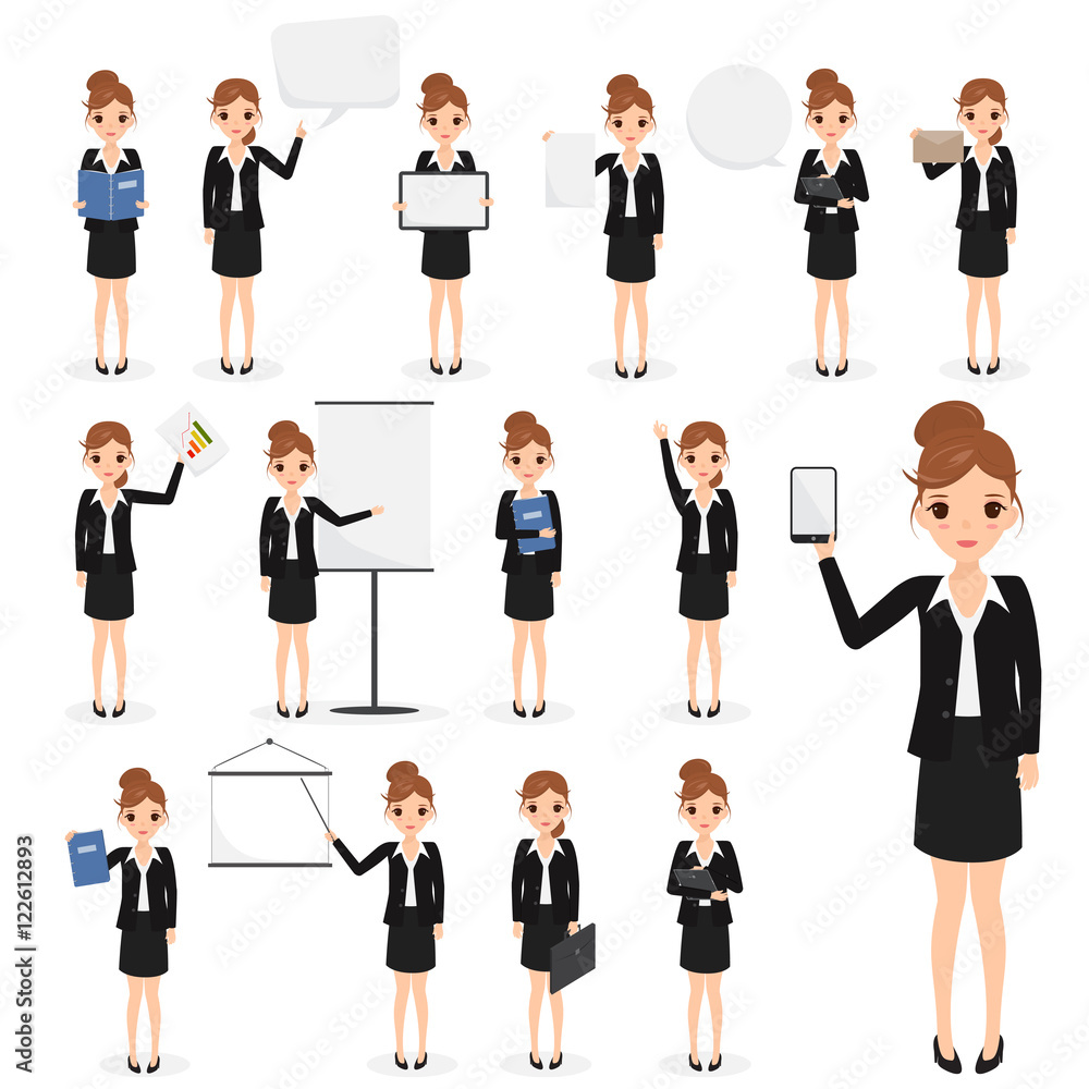set of business woman with job at office character. business icon.