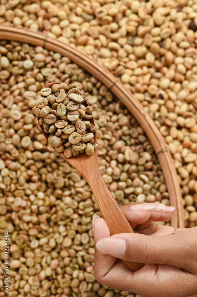 Obraz premium Coffee beans on wooden spoon for background