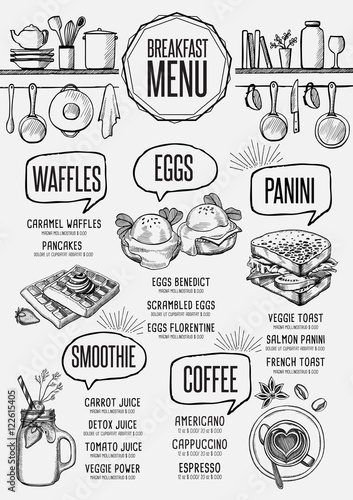Menu breakfast restaurant, food template placemat.