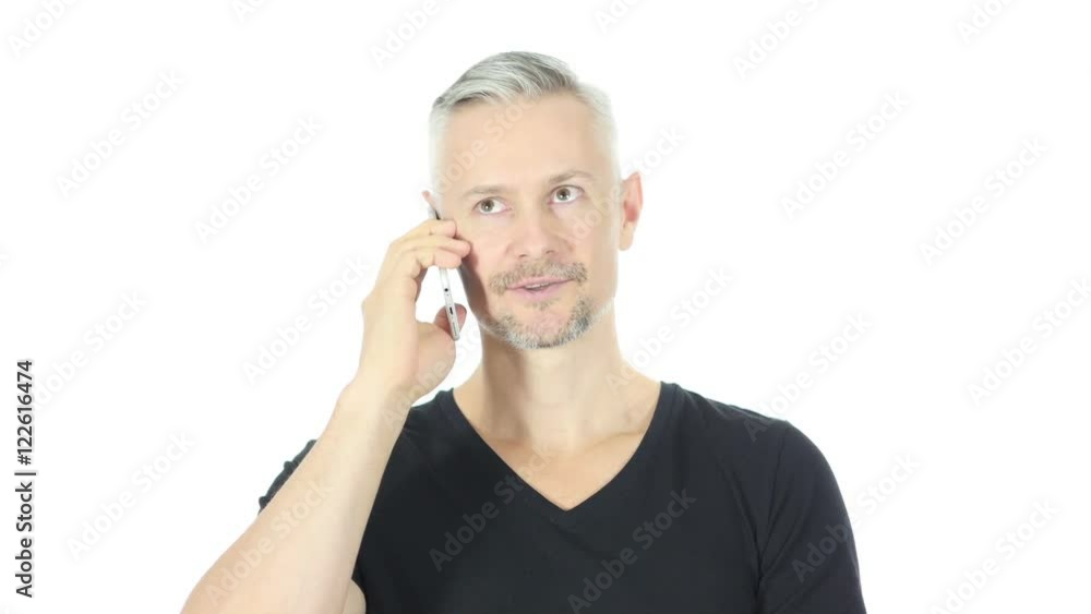 Phone Talk by Middle Aged Man, White Background Phone Talk by Middle Aged Man, White Background