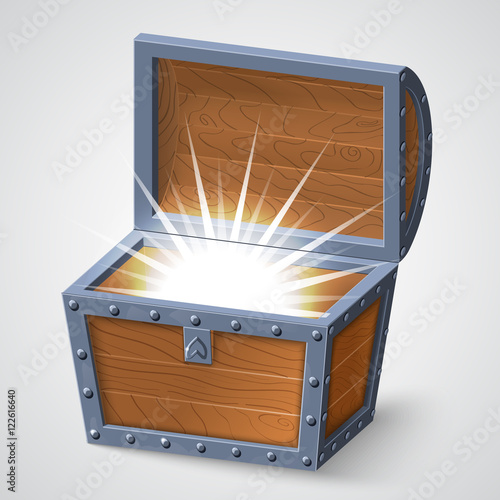vector illustration of vintage wooden chest with open cover.