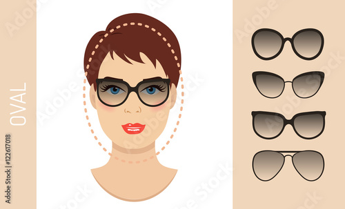Woman sunglasses shapes for oval women face type. Various forms of summer glasses for oval face. Fashion collection. Vector set.