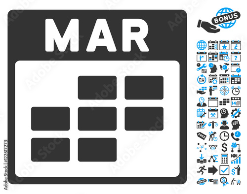 March Calendar Page icon with bonus calendar and time management clip art. Vector illustration style is flat iconic bicolor symbols, blue and gray colors, white background. photo