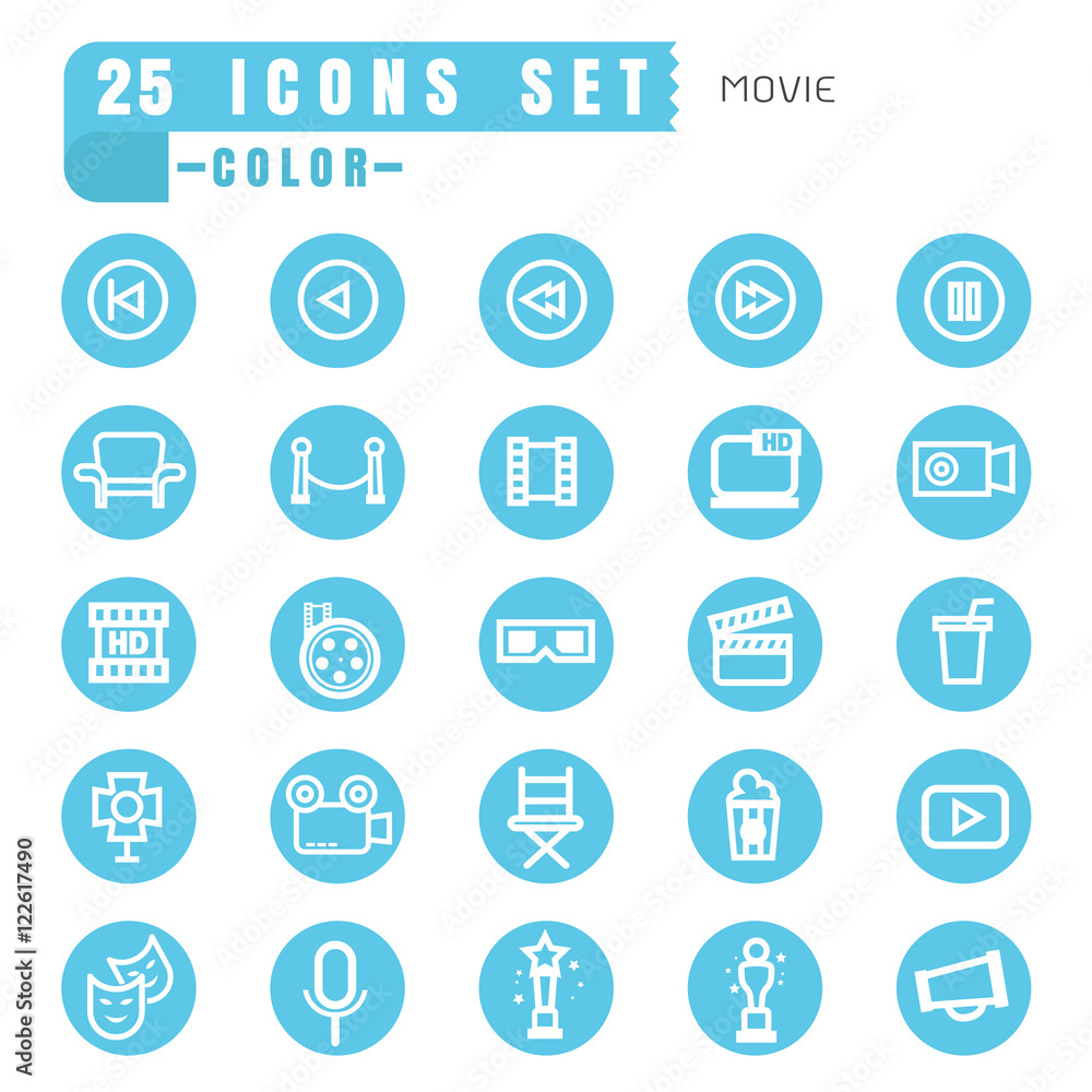 icons movie color thin white in the circle blue on white backgro icons movie color thin white in the circle blue on white backgro