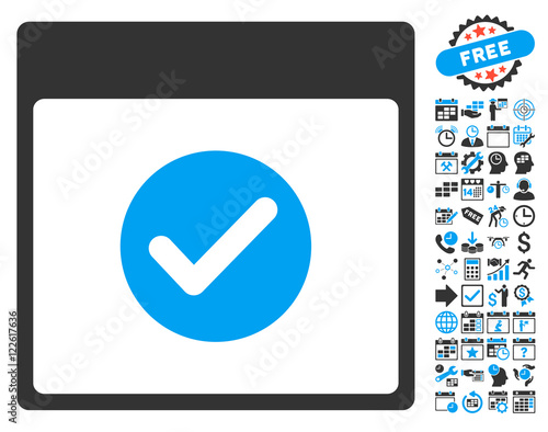 Valid Calendar Page pictograph with bonus calendar and time management pictograph collection. Vector illustration style is flat iconic bicolor symbols, blue and gray colors, white background.