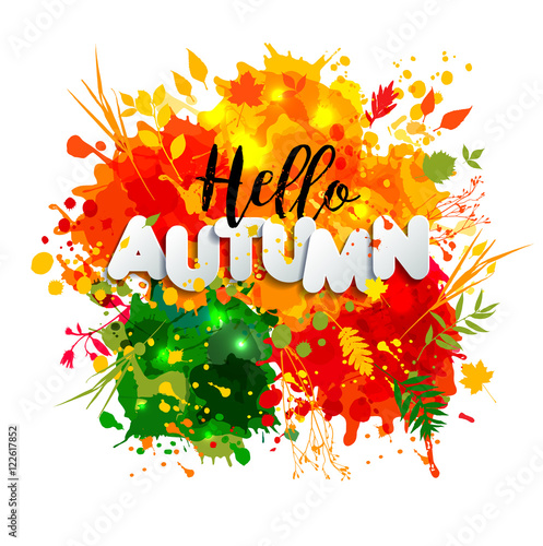 Text Autumn in paper style on multicolor blots background with b