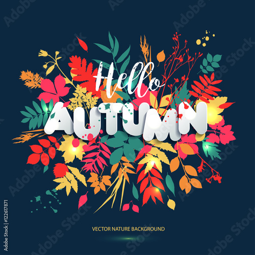 Text hello autumn in paper style on multicolor background with a