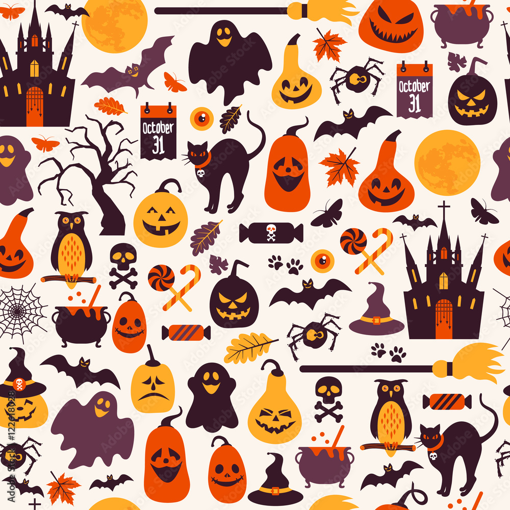 Fototapeta premium Seamless pattern of halloween for autumn celebration with icons
