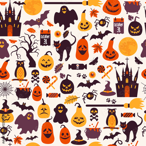 Seamless pattern of halloween for autumn celebration with icons
