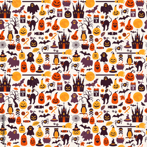 Seamless pattern of halloween for autumn celebration with icons