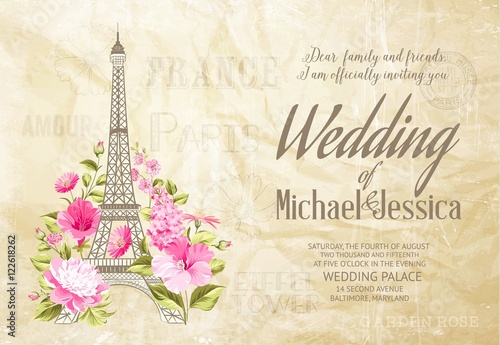 Eiffel tower icon with spring blooming flowers crupled paper texture with wedding invitation sign. Vector illustration.