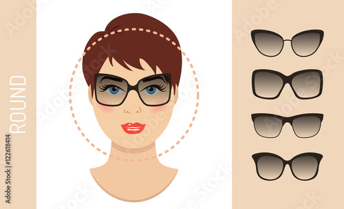 Woman sunglasses shapes for round women face type. Various forms of summer glasses for round face. Fashion collection. Vector set. photo