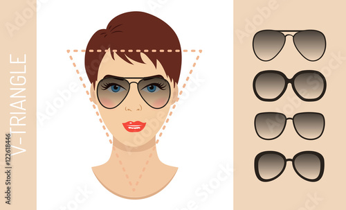 Woman sunglasses shapes for triangle women face type. Various forms of summer glasses for triangle face. Fashion collection. Vector set.