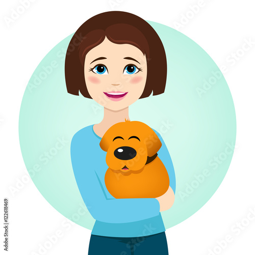 Smiling girl holding cute dog. Puppy sitting in girl's arms. Vector illustration.