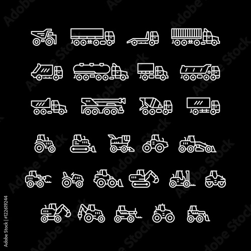 Set line icons of trucks and tractors