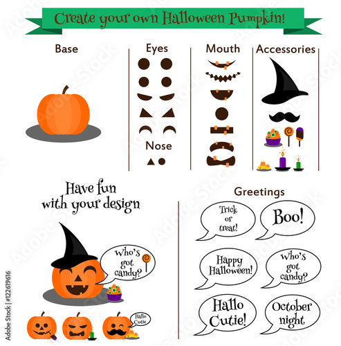 Create your own halloween pumpkin character constructor, kit. Emoticons, stickers, design elemets creator