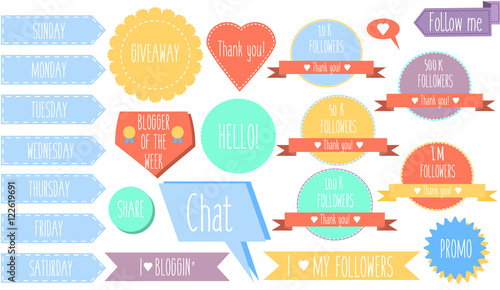 Isolated decorative design elements, stickers, banners and labels for social media and blogs