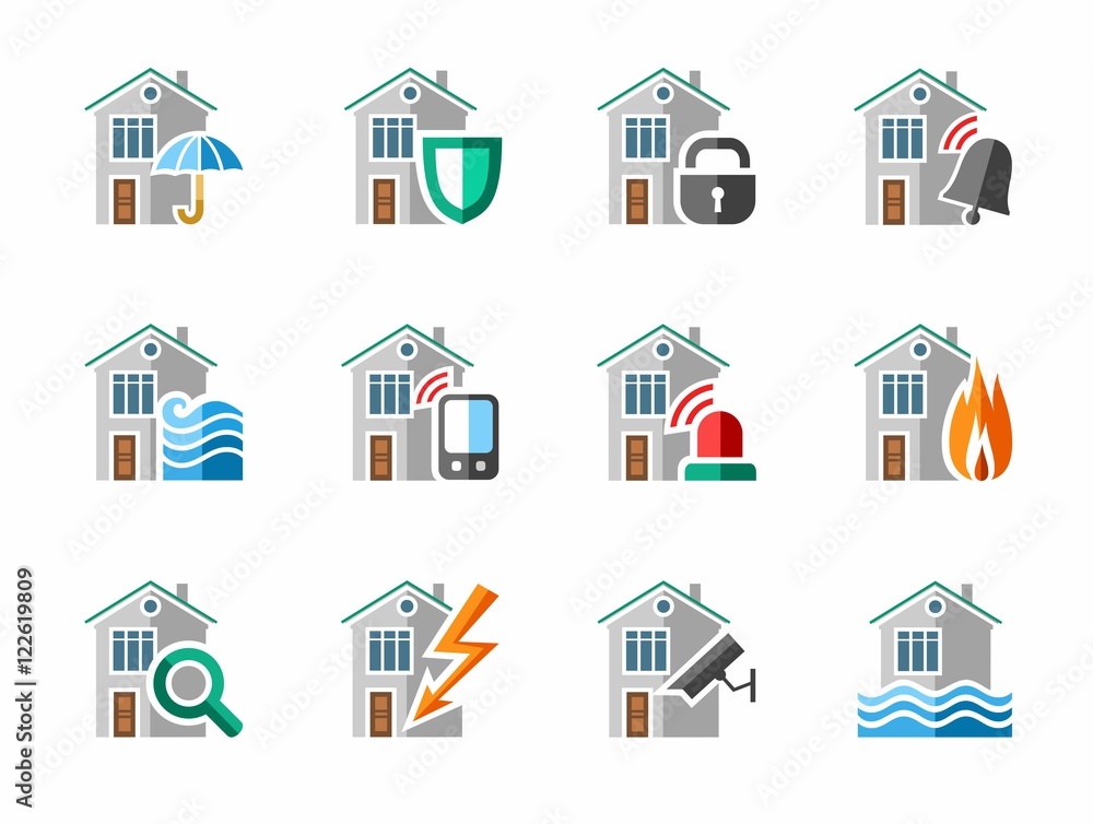 Security of housing and office buildings, icons, colored. Safety of living and working space. Vector colored icons on white background. 