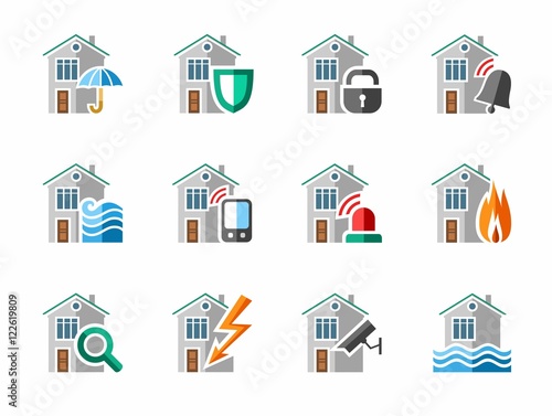 Security of housing and office buildings, icons, colored. Safety of living and working space. Vector colored icons on white background. 