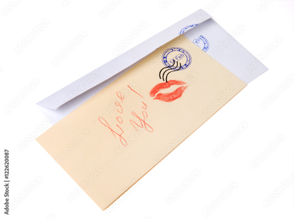 composition on the theme of Valentine's Day - blank envelope and a card with the imprint of a kiss composition on the theme of Valentine's Day - blank envelope and a card with the imprint of a kiss