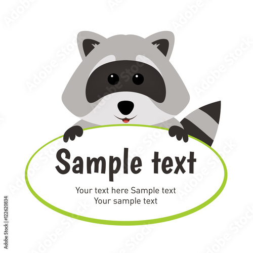 Funny raccoon holding sign for text, isolated on white background. Adorable vector raccoon. Cute cartoon pet. Charming baby raccoon.