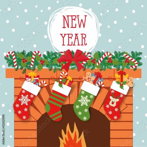 Illustration of Christmas socks with gifts on the background of the fireplace.
