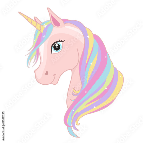 Pink unicorn head with rainbow mane and horn isolated on white background. Vector illustration.