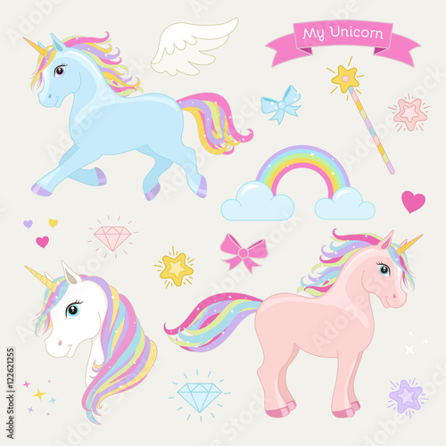 Unicorn set with running unicorn, standing unicorn, unicorn head, hearts, clouds, rainbow, magic wand, stars, bows, diamonds, wing and text: My Unicorn.