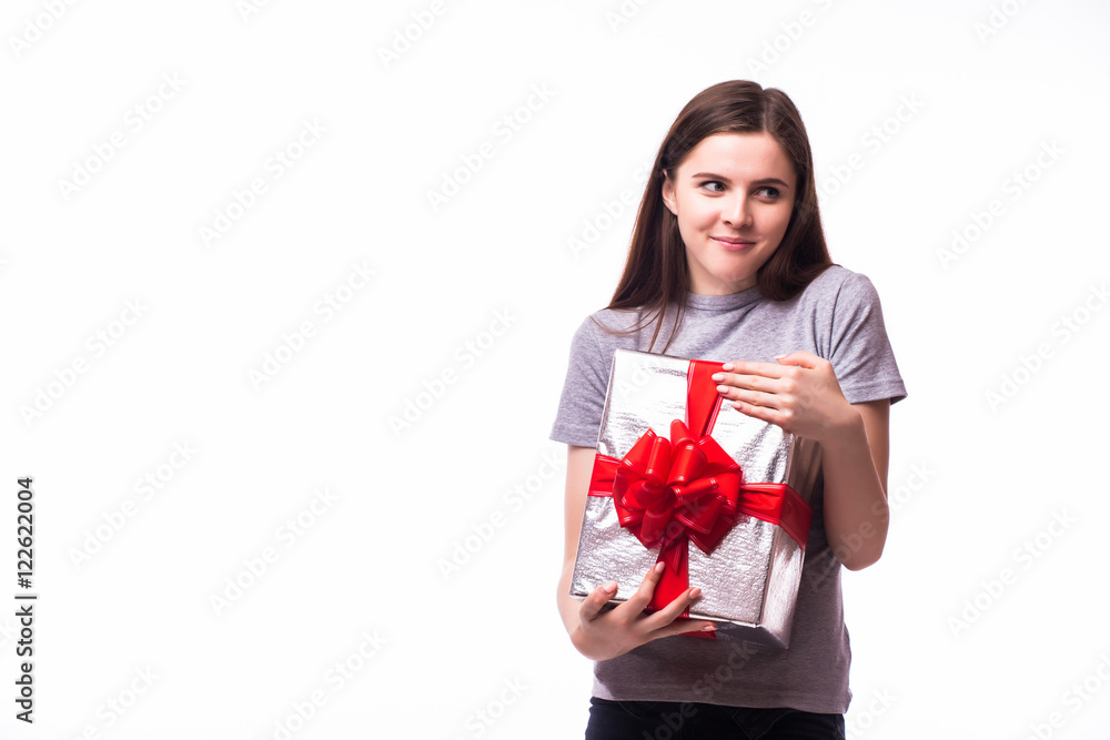 portrait of young beautiful woman with gift box isolated on white background portrait of young beautiful woman with gift box isolated on white background