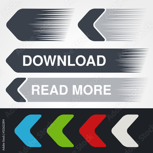 Vector blue, green, red, white and grey speed arrows. Simple arrow buttons. Pointer on web. Sign of download, next, read more, play, go etc.