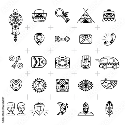 E-commerce outline web icons. Set for e-shop design in a boho and tribal style. Bohemian icons good for internet shopping projects. Vector illustration