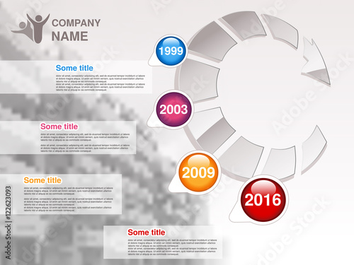 Vector timeline. Infographic template for company. Timeline with colorful milestones - blue, magenta, orange, red. Graphic design with arrow and background of business building