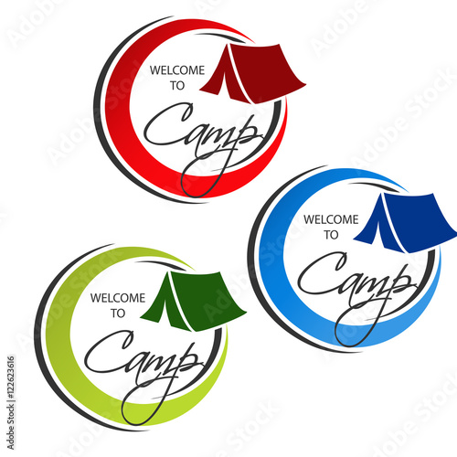 Vector camping icon. Circular symbol - Welcome to Camp - with tent. Red, blue and green design.