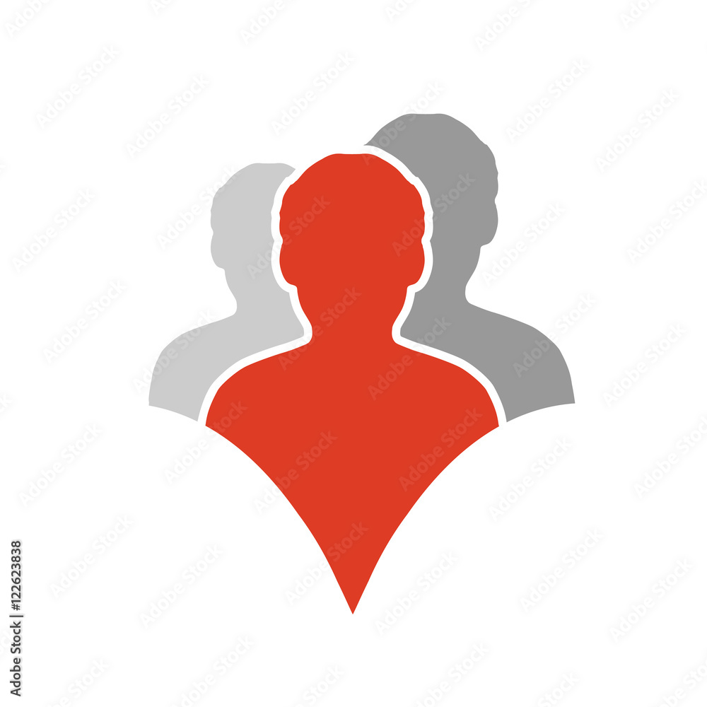 Vector together joined people icon. Red and grey community symbol. Human sign of three partners. Silhouttes of body. Symbol of succes.