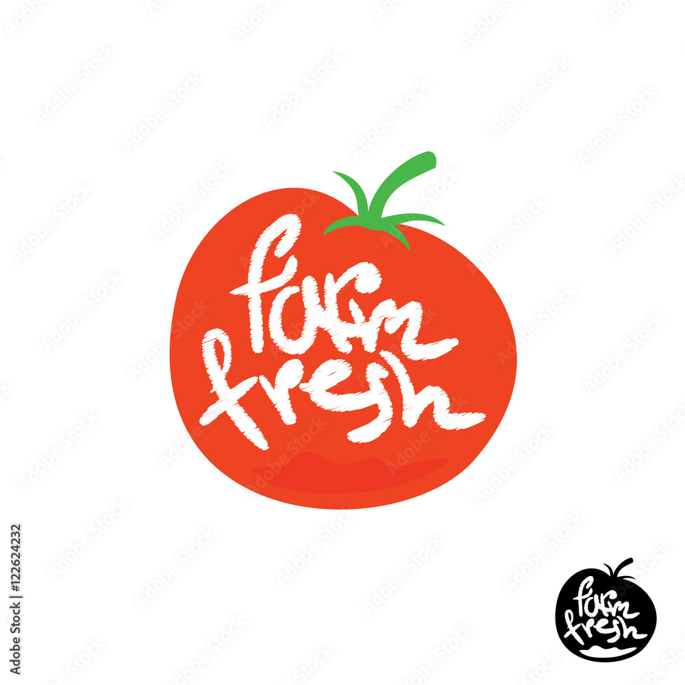 Tomato illustration with farm fresh hand writing script letters. Tomato illustration with farm fresh hand writing script letters.