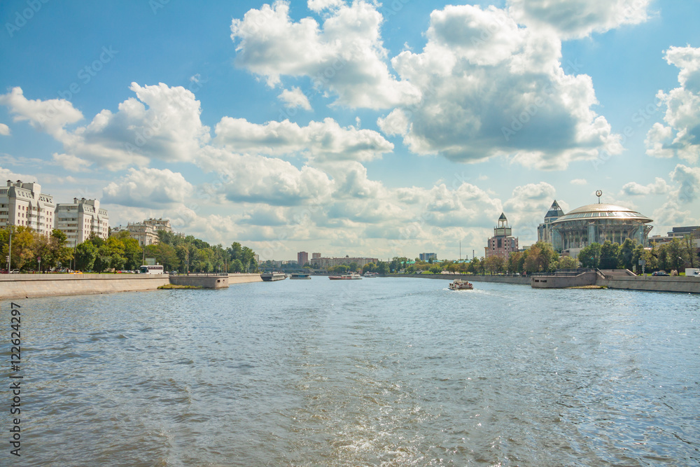 View of Moscow river, Krasnokholmskaya and Kosmodamianskaya embankments in summer from the steamboat, Moscow