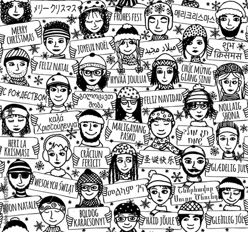 Seamless pattern of a group of hand drawn people holding "Merry Christmas" signs in different languages, black and white illustration