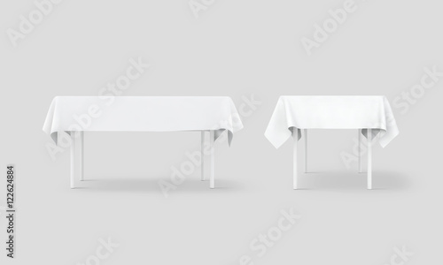 Bank white table cloth mock up set, clipping path, 3d rendering. Clear tablecloth design mockup isolated. Fabric space satin on desk template. Kitchen table clean textile overlay. Setting cafe table.