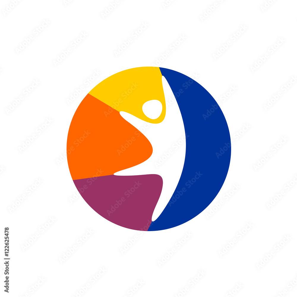 Happy man logo. Jumping man with colorful vibrant round back Happy man logo. Jumping man with colorful vibrant round back