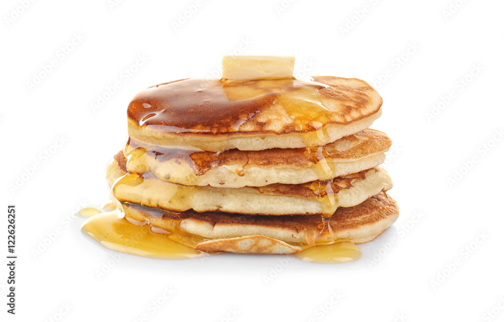 Tasty pancakes with honey and butter, isolated on white - obrazy, fototapety, plakaty 