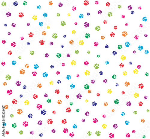 Pet paws colorful on white seamless pattern background.