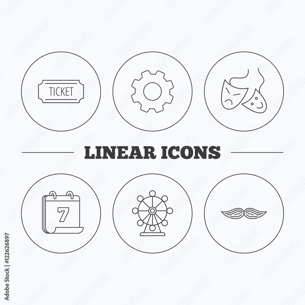 Ferris wheel, ticket and theater masks icons. Ferris wheel, ticket and theater masks icons.