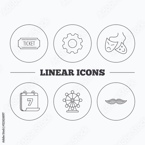 Ferris wheel, ticket and theater masks icons.