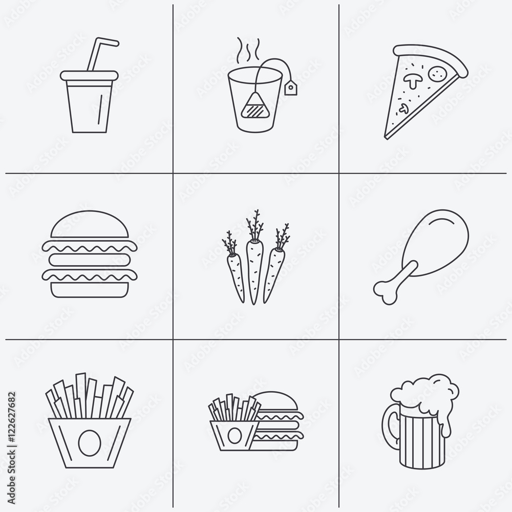 Hamburger, pizza and soft drink icons. Beer. Hamburger, pizza and soft drink icons. Beer.